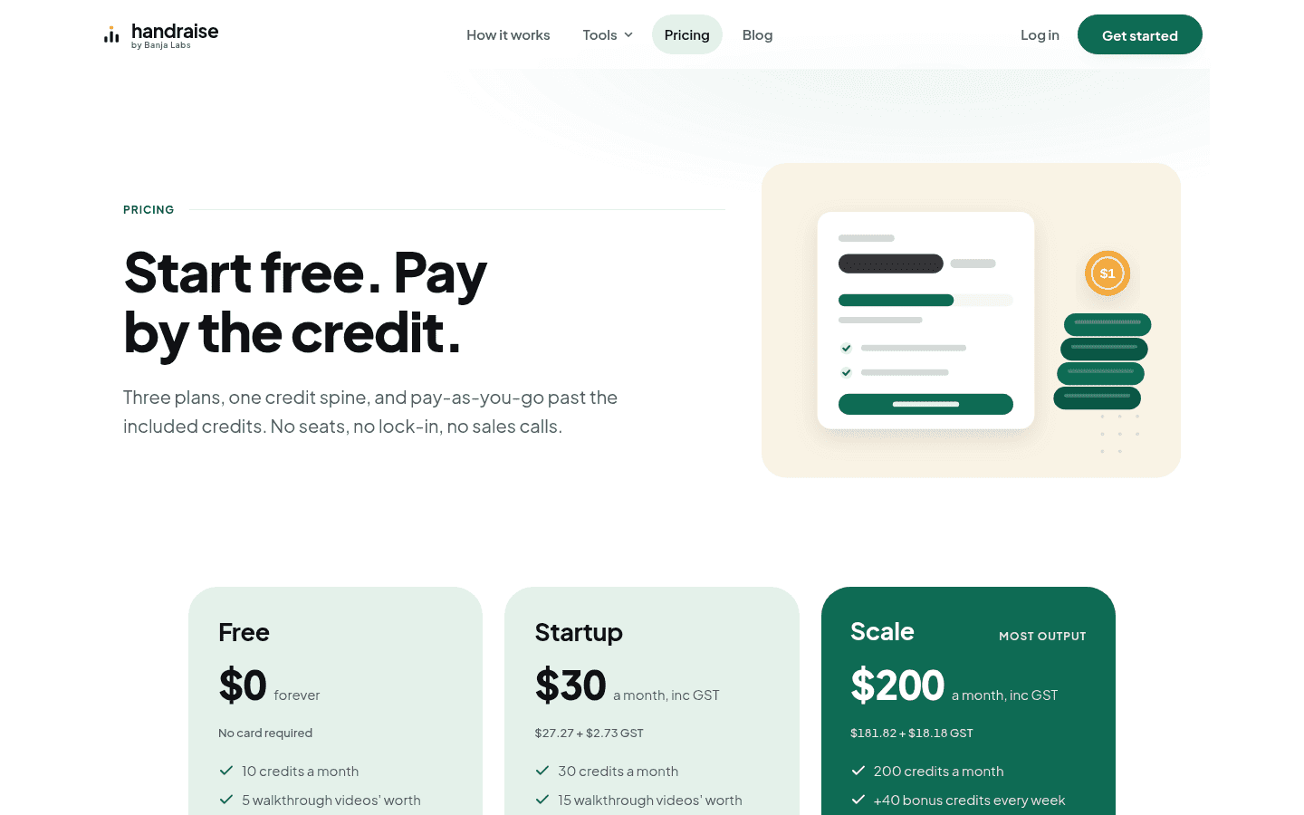 Handraise pricing: Free, Startup and Scale plans