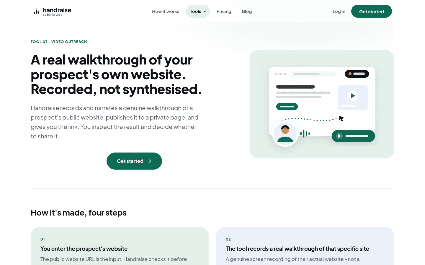 Video Outreach tool page: a real walkthrough of your prospect's own website