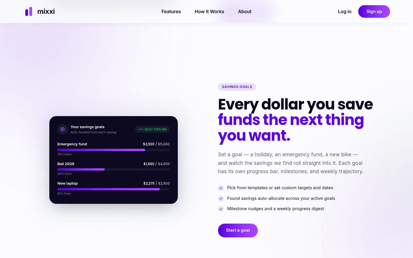 Savings goals with progress bars for emergency fund, Bali trip and laptop