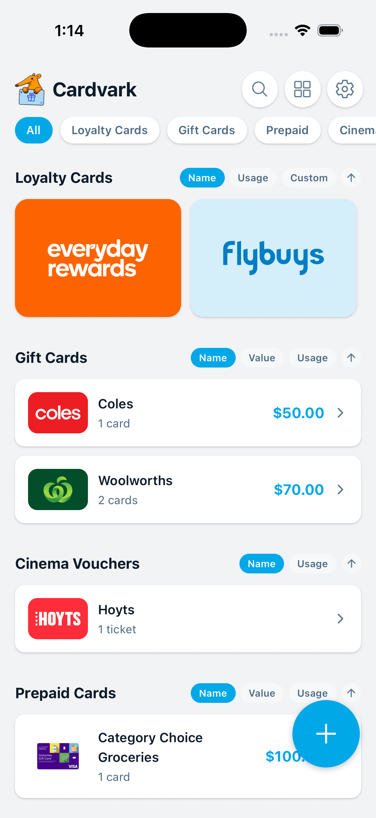 Cardvark mobile app showing a collection of loyalty and gift cards