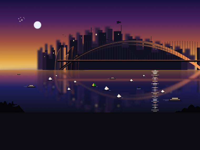 deepseek-v4-flash rendering of the Sydney Harbour at golden hour (SVG scene) benchmark - composite 51.6%, judge 3.1/5