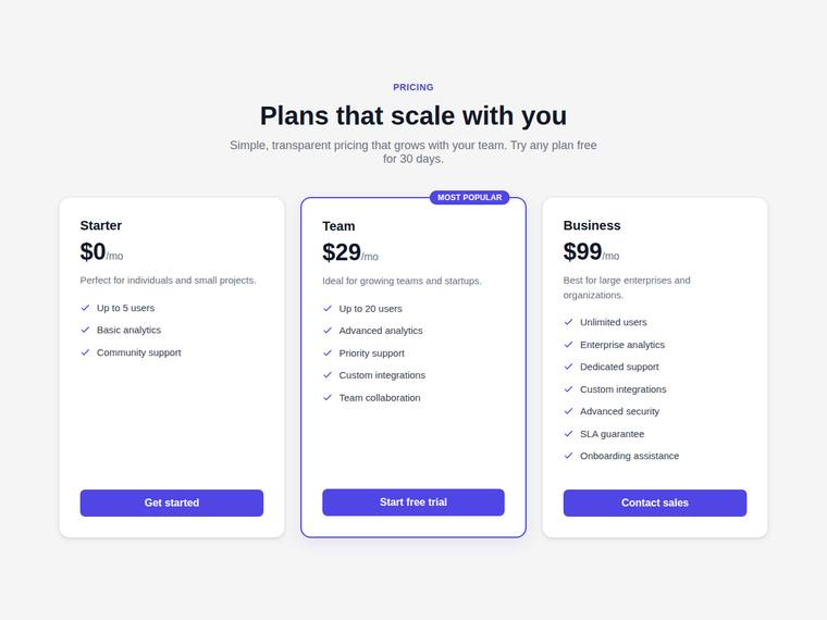 deepseek-v4-flash rendering of the Reproduce a three-tier SaaS pricing page from its screenshot benchmark - composite 97.3%