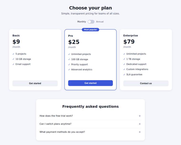 deepseek-v4-flash rendering of the Pricing page with a working billing toggle and FAQ accordion benchmark - composite 56.5%