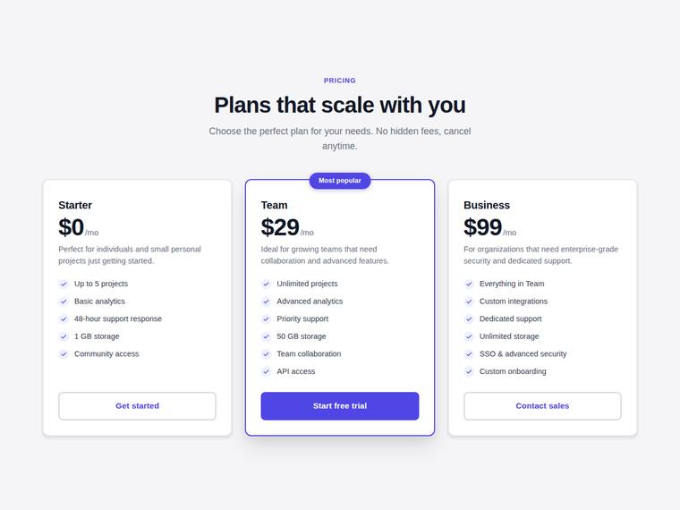 deepseek-v4-pro rendering of the Reproduce a three-tier SaaS pricing page from its screenshot benchmark - composite 97.5%
