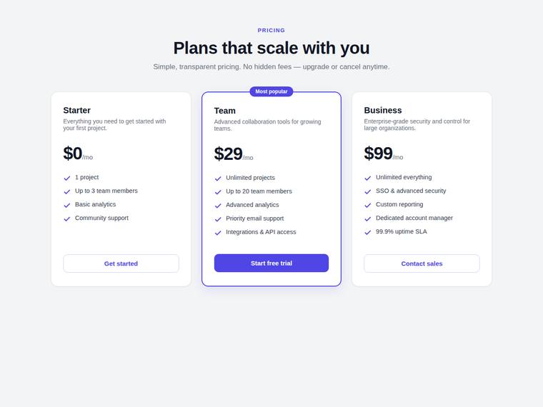 claude-fable-5 rendering of the Reproduce a three-tier SaaS pricing page from its screenshot benchmark - composite 98.3%