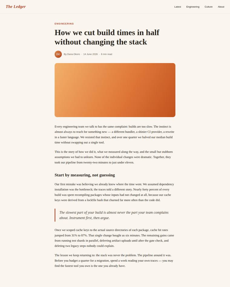 claude-fable-5 rendering of the Reproduce an editorial blog article page from its screenshot benchmark - composite 93.6%