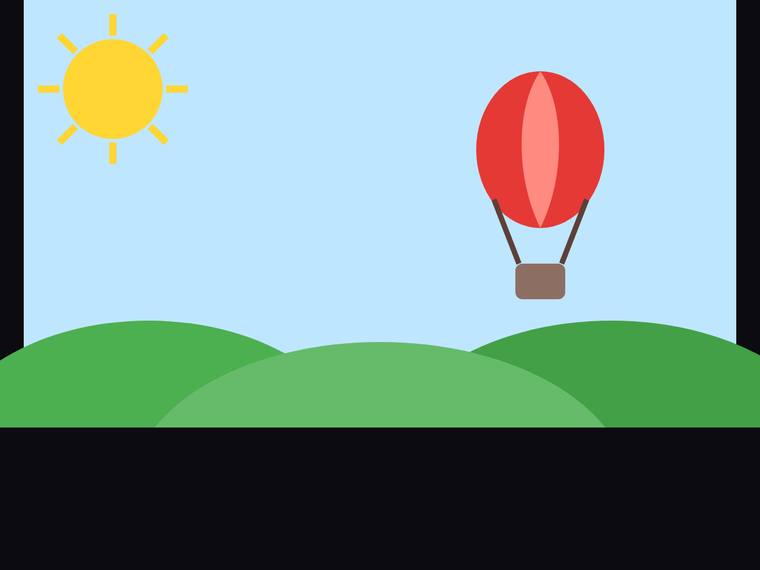 claude-fable-5 rendering of the Flat multi-object scene (sun, hills, hot-air balloon) benchmark - composite 100.0%