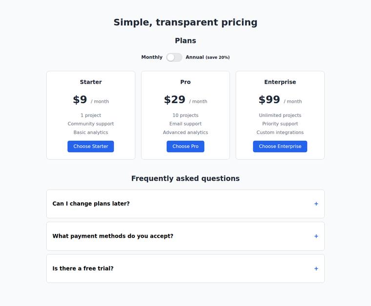 claude-fable-5 rendering of the Pricing page with a working billing toggle and FAQ accordion benchmark - composite 100.0%