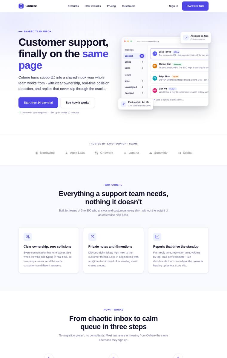 claude-fable-5 rendering of the Marketing landing page benchmark - composite 82.8%, judge 4.3/5