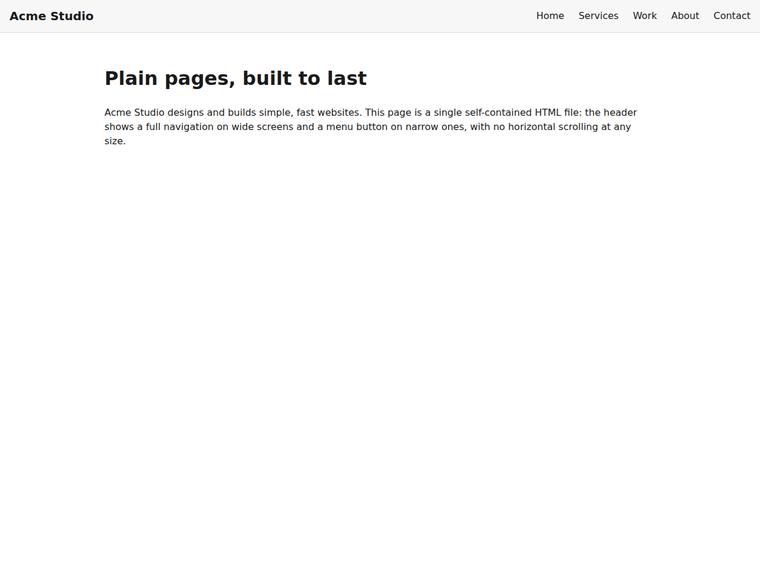 claude-fable-5 rendering of the Header nav that collapses to a menu button below a breakpoint benchmark - composite 0.0%