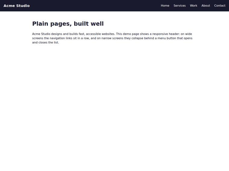 claude-fable-5 rendering of the Responsive nav that both collapses at the breakpoint and toggles open on mobile benchmark - composite 100.0%
