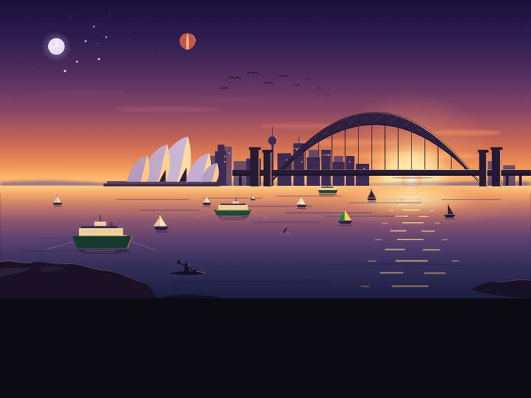 claude-fable-5 rendering of the Sydney Harbour at golden hour (SVG scene) benchmark - composite 65.6%, judge 3.6/5