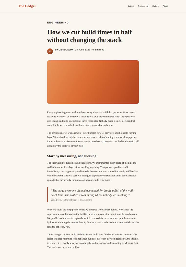 claude-fable-5 rendering of the Reproduce an editorial blog article page from its screenshot benchmark - composite 90.7%