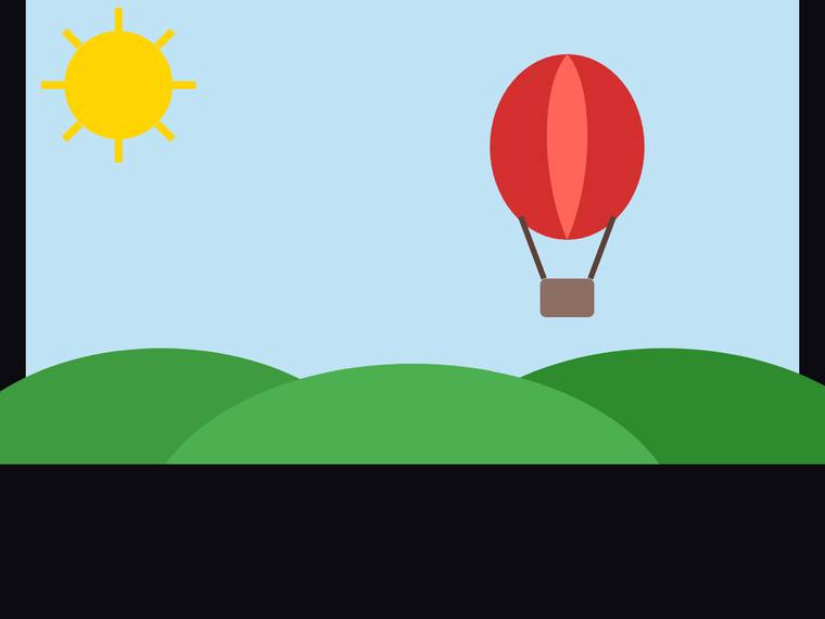 claude-fable-5 rendering of the Flat multi-object scene (sun, hills, hot-air balloon) benchmark - composite 100.0%