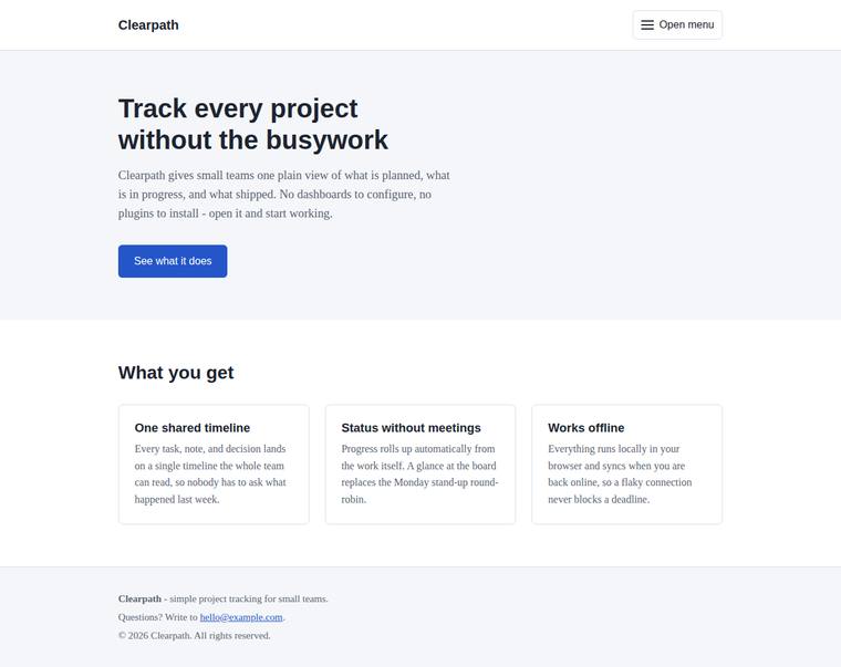 claude-fable-5 rendering of the Landing page with a working mobile nav toggle benchmark - composite 100.0%