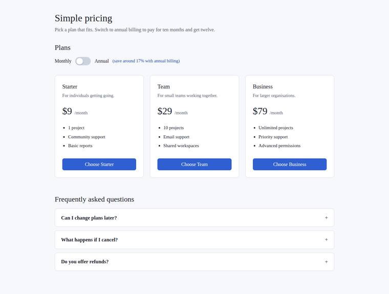 claude-fable-5 rendering of the Pricing page with a working billing toggle and FAQ accordion benchmark - composite 100.0%