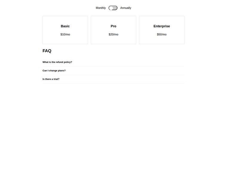 gemini-3.1-flash-lite rendering of the Pricing page with a working billing toggle and FAQ accordion benchmark - composite 95.8%