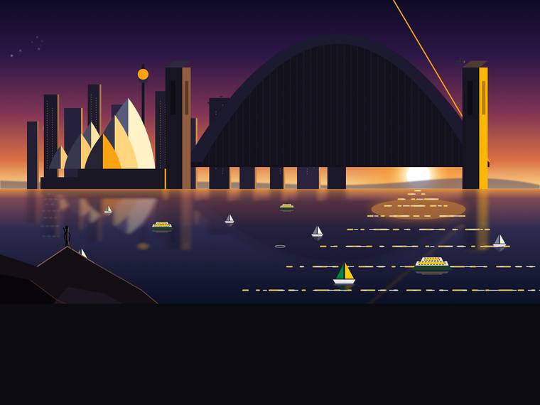 gemini-3.1-pro-preview rendering of the Sydney Harbour at golden hour (SVG scene) benchmark - composite 54.2%, judge 3.2/5