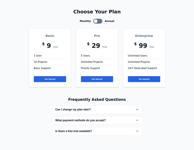 gemini-3.1-pro-preview rendering of the Pricing page with a working billing toggle and FAQ accordion benchmark - composite 58.3%