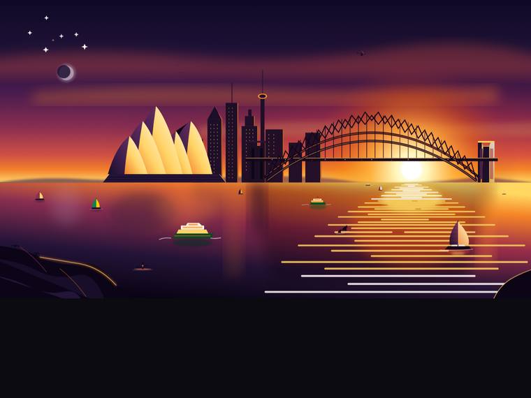 gemini-3.5-flash rendering of the Sydney Harbour at golden hour (SVG scene) benchmark - composite 62.5%, judge 3.5/5