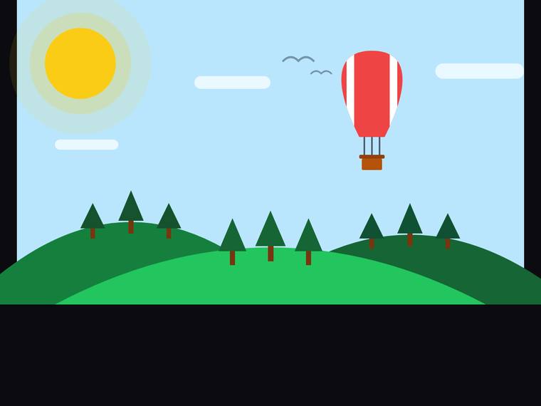 gemini-3.5-flash rendering of the Flat multi-object scene (sun, hills, hot-air balloon) benchmark - composite 90.0%