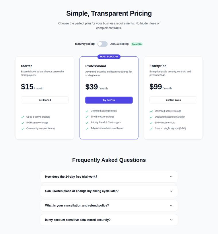 gemini-3.5-flash rendering of the Pricing page with a working billing toggle and FAQ accordion benchmark - composite 16.7%