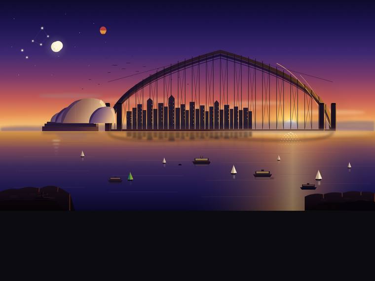 glm-5.2 rendering of the Sydney Harbour at golden hour (SVG scene) benchmark - composite 62.5%, judge 3.5/5