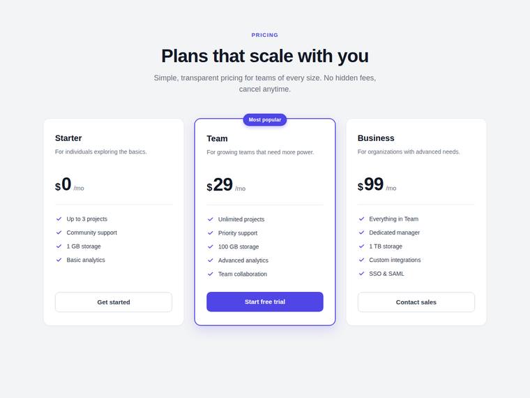 glm-5.2 rendering of the Reproduce a three-tier SaaS pricing page from its screenshot benchmark - composite 80.8%