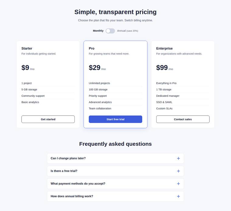 glm-5.2 rendering of the Pricing page with a working billing toggle and FAQ accordion benchmark - composite 95.8%