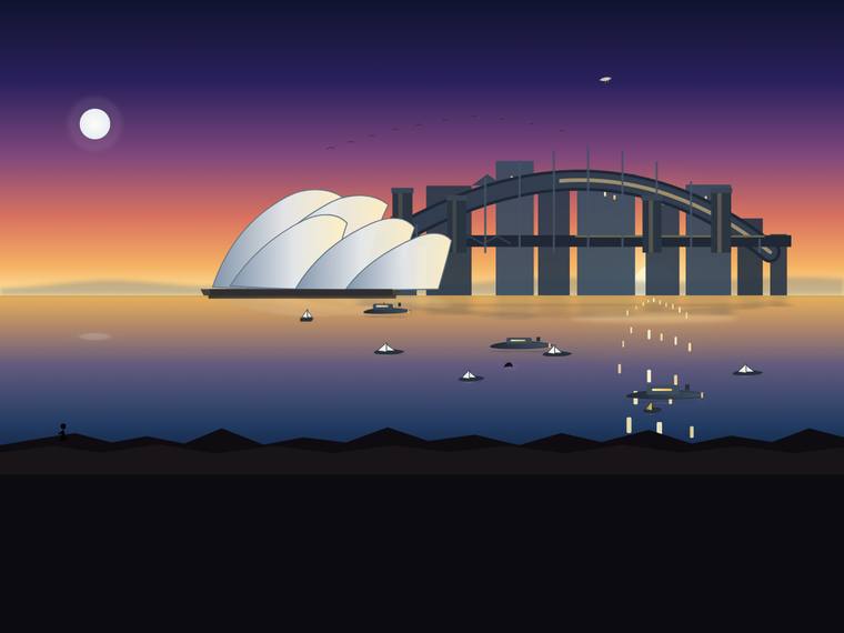 gpt-5.4-mini rendering of the Sydney Harbour at golden hour (SVG scene) benchmark - composite 52.1%, judge 3.1/5