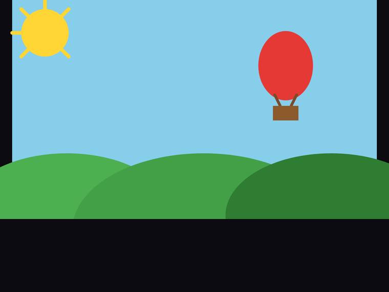 gpt-5.4-mini rendering of the Flat multi-object scene (sun, hills, hot-air balloon) benchmark - composite 100.0%