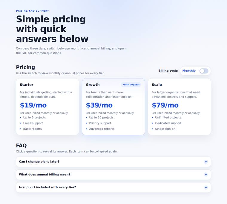 gpt-5.4-mini rendering of the Pricing page with a working billing toggle and FAQ accordion benchmark - composite 58.5%