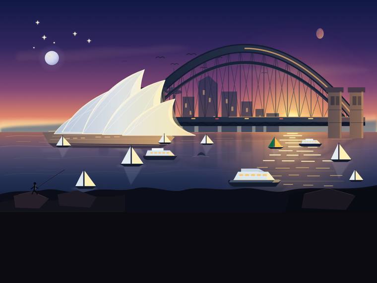 gpt-5.5-pro rendering of the Sydney Harbour at golden hour (SVG scene) benchmark - composite 58.3%, judge 3.3/5