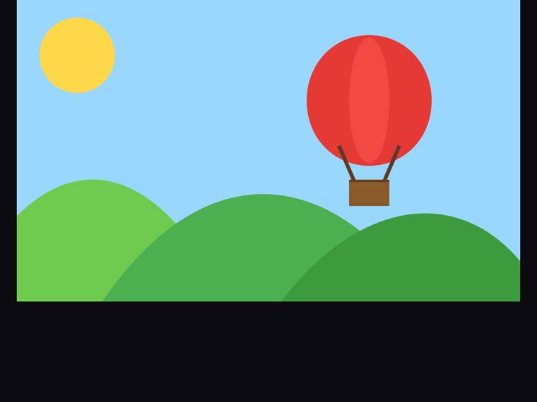 gpt-5.5-pro rendering of the Flat multi-object scene (sun, hills, hot-air balloon) benchmark - composite 100.0%