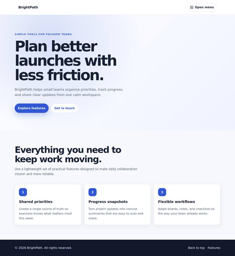 gpt-5.5-pro rendering of the Landing page with a working mobile nav toggle benchmark - composite 100.0%