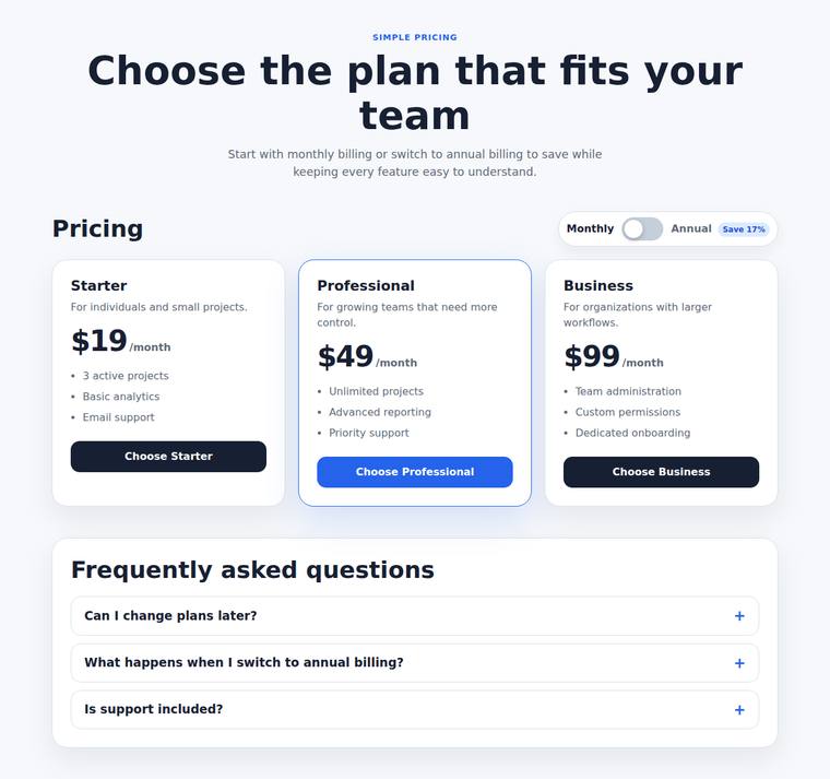 gpt-5.5-pro rendering of the Pricing page with a working billing toggle and FAQ accordion benchmark - composite 96.2%