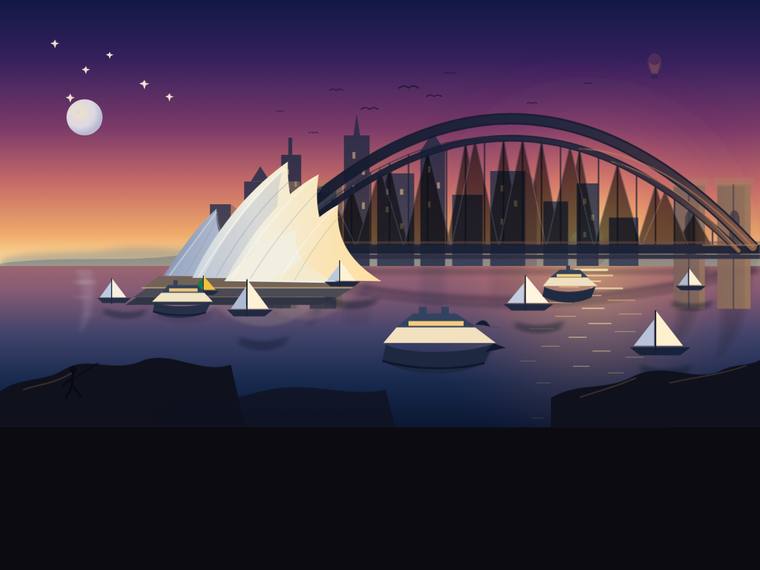 gpt-5.5 rendering of the Sydney Harbour at golden hour (SVG scene) benchmark - composite 62.5%, judge 3.5/5