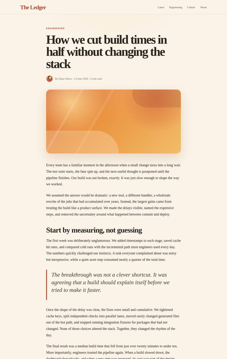 gpt-5.5 rendering of the Reproduce an editorial blog article page from its screenshot benchmark - composite 85.0%