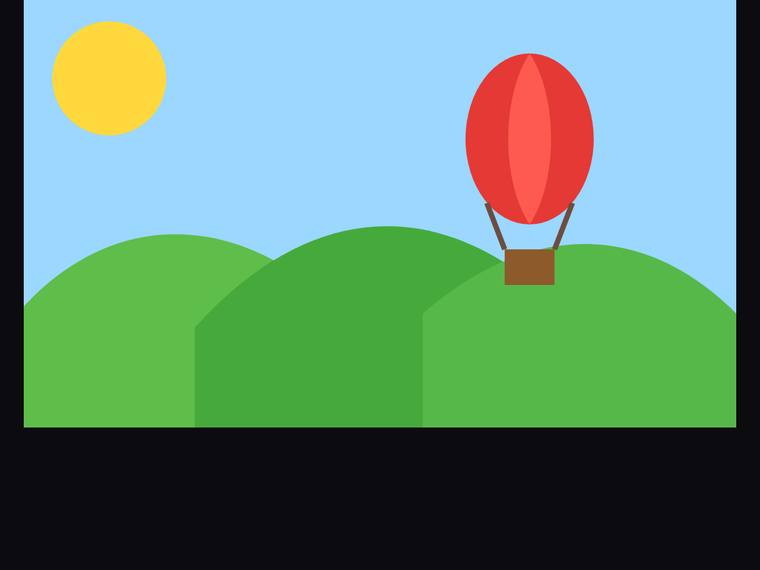 gpt-5.5 rendering of the Flat multi-object scene (sun, hills, hot-air balloon) benchmark - composite 100.0%