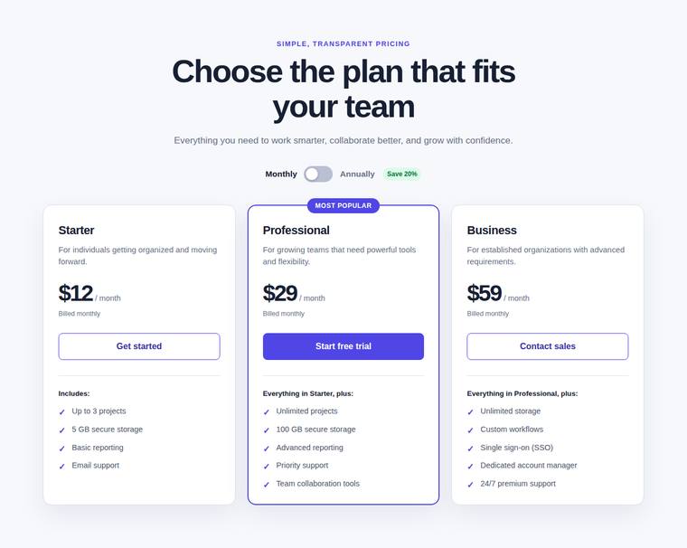 gpt-5.6-luna UI components output - Accessible pricing card with a monthly/annual toggle