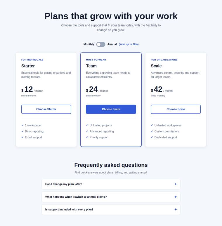 gpt-5.6-luna Websites output - Pricing page with a working billing toggle and FAQ accordion