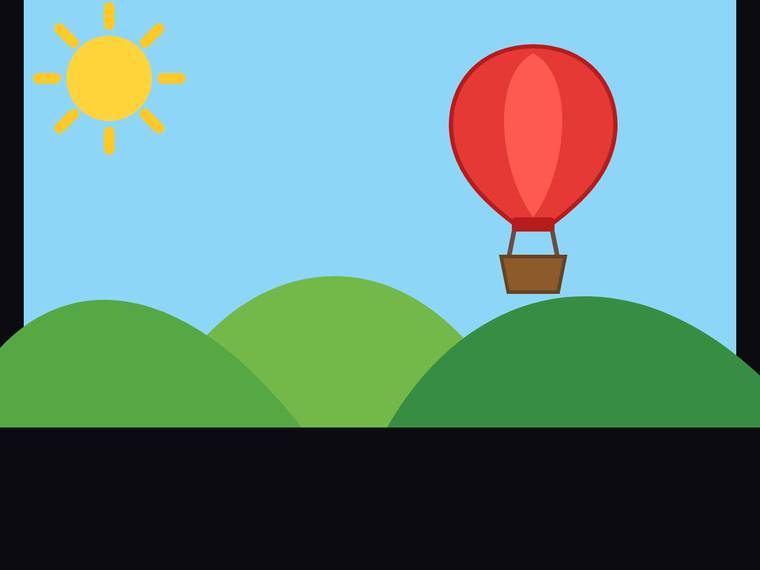 gpt-5.6-sol SVG and graphics output - Flat multi-object scene (sun, hills, hot-air balloon)