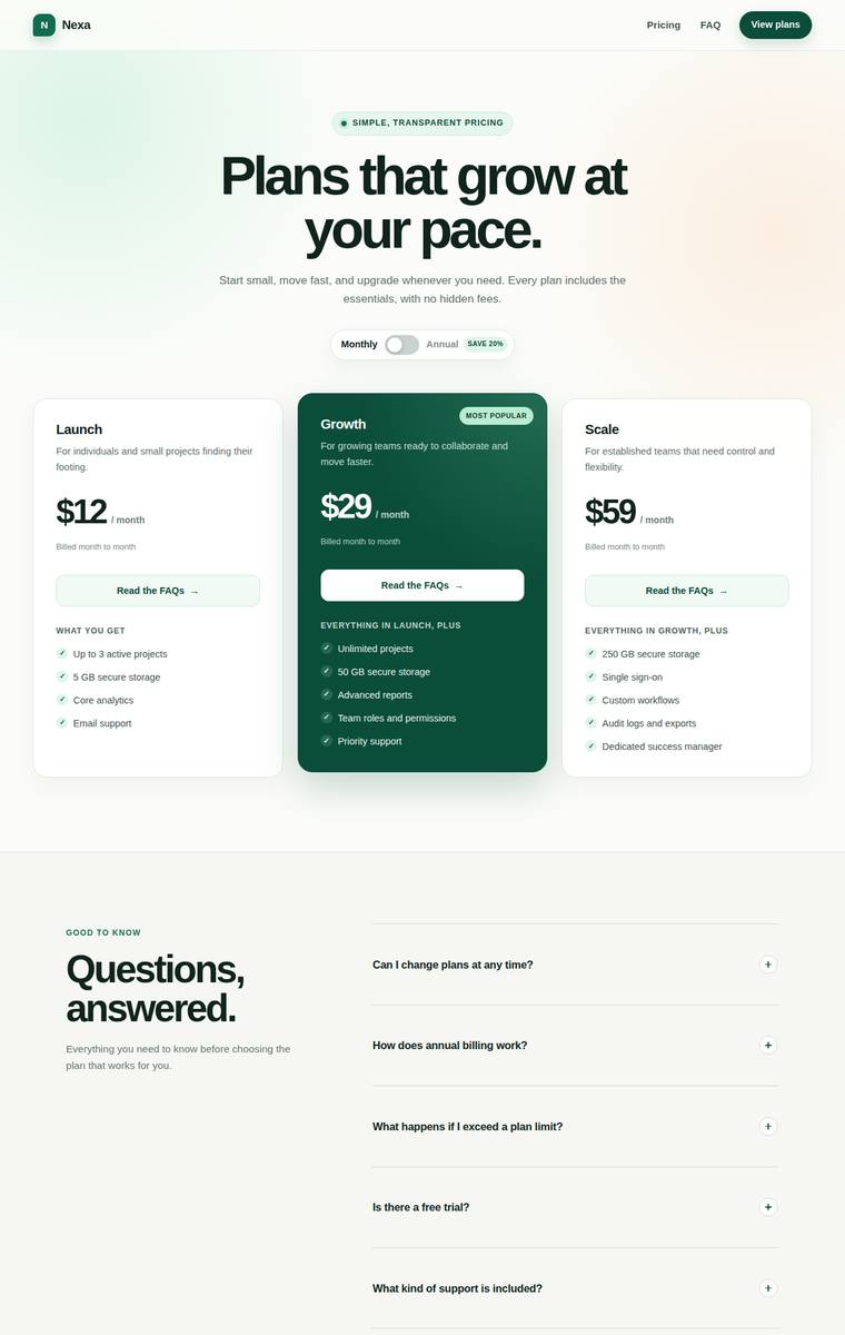 gpt-5.6-sol Websites output - Pricing page with a working billing toggle and FAQ accordion