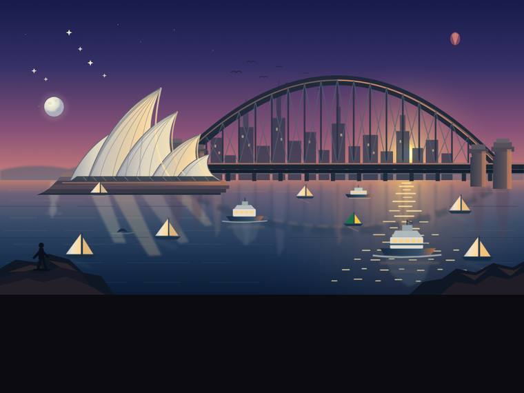 gpt-5.6-sol svg-scene output - Sydney Harbour at golden hour (SVG scene)