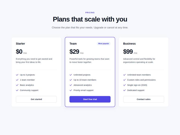 gpt-5.6-sol Websites output - Reproduce a three-tier SaaS pricing page from its screenshot
