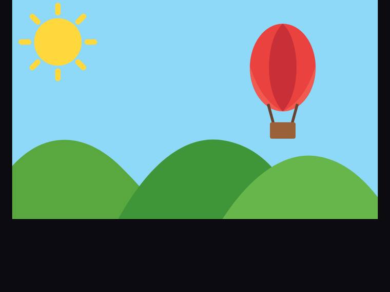 gpt-5.6-sol SVG and graphics output - Flat multi-object scene (sun, hills, hot-air balloon)