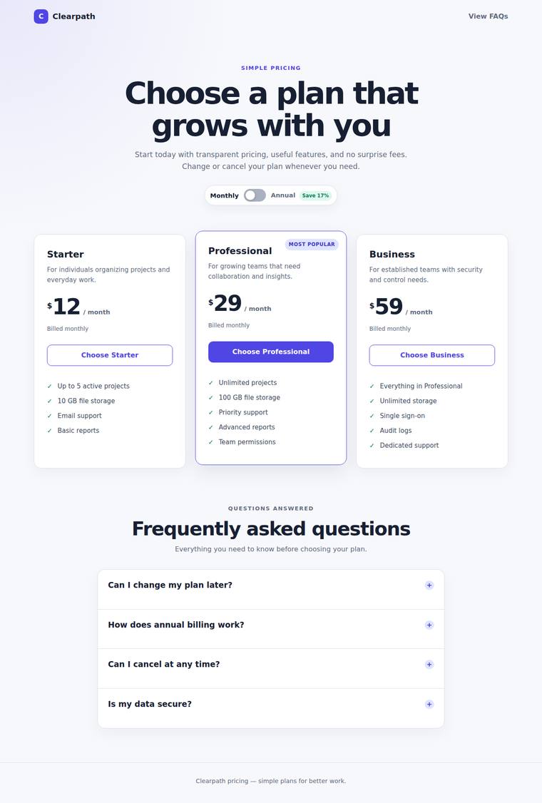 gpt-5.6-sol Websites output - Pricing page with a working billing toggle and FAQ accordion