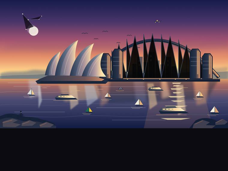 gpt-5.6-terra svg-scene output - Sydney Harbour at golden hour (SVG scene)