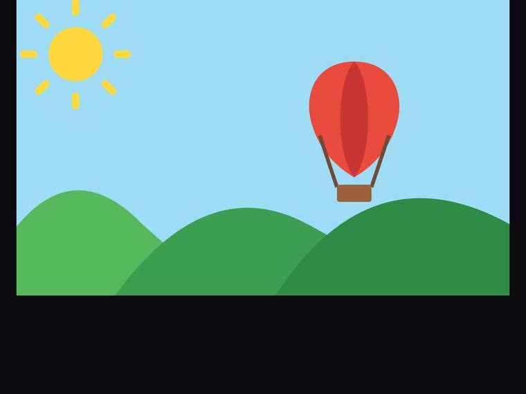gpt-5.6-terra SVG and graphics output - Flat multi-object scene (sun, hills, hot-air balloon)