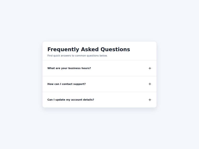 gpt-5.6-terra UI components output - Accessible accordion FAQ that expands on click